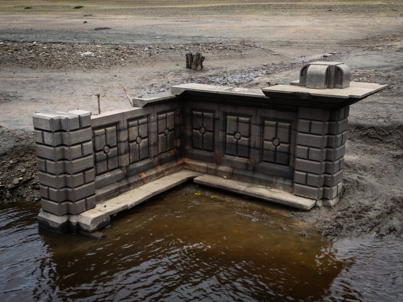 A lost village appears at Ladybower Reservoir, Derbyshire, due to low water levels due to the lack of rain in 2026.