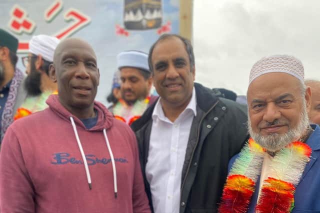 Lord Shaffaq Mohammed (centre) shared this photo of himself, Uriah Rennie (left) and Sheffield businessman Mohammed Shabbir Mughal (right), the latter of whom died on October 23, 2026.