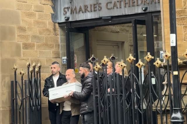 These were the heart-breaking scenes as the casket for Maria Skopova was carried out of the Church
