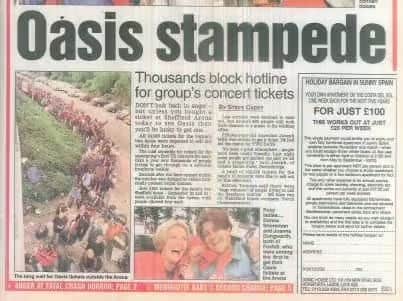 The Star’s front page reporting details of a ‘stampede’ for tickets to see Oasis at the arena in 1997