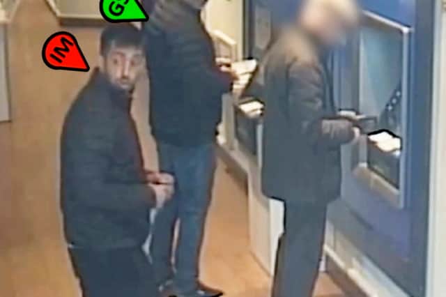 One offender would position themselves close enough to see the victim entering their PIN, while another would distract them by drawing attention to a banknote deliberately placed on the floor nearby.  While the victim's attention was diverted, a third member of the group would help steal the victim's bank card and replace it with a similar-looking card.