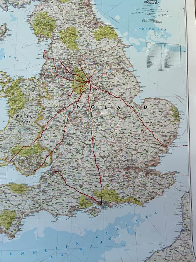 James Kemp Blade on a Bike trips so far this season (red lines)