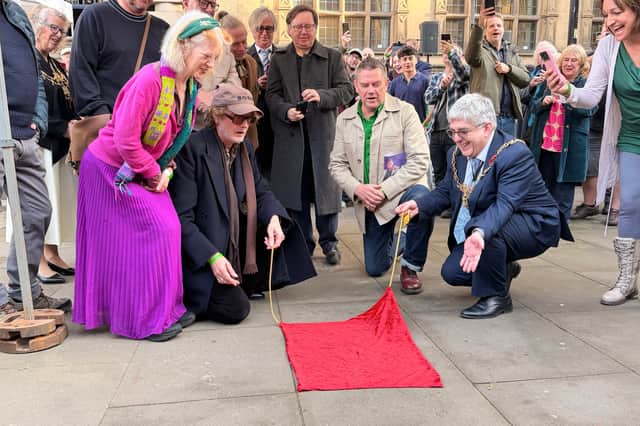 Pulp members (L-R), Candida Doyle, Jarvis Cocker, Mark Webber and Nick Banks prepare to unveil their Sheffield Legends plaque with the Lord Mayor of Sheffield, Cllr. Andrew Sangar