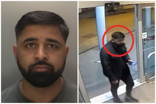 Shoaib Mohammed, 34, of Kentmere Drive, Doncaster, is pictured here arriving at one of the hotels in Sheffield where he sexually abused a schoolgirl. he checked in alone to avoid being challenged before bringing his victim later. He was jailed for 11 years this week.