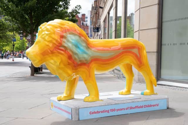 OutLion sculpture decorated by Sheffield artist Rob Lee located in Pinstone Street as part of the Pride of Yorkshire sculpture trail.