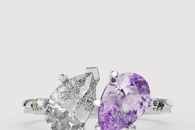Kit - luxurious and joyful toi-et-moi diamond and sapphire ring inspired by the non binary flag
