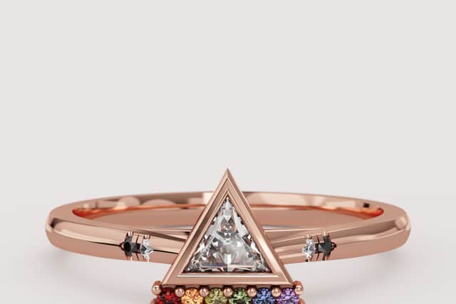 Stefani - a trilliant cut lab grown diamond, with gemstones of all the colours of the rainbow!