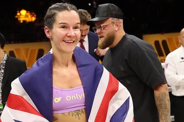 Terri Harper wearing the union flag after victory in the MVP show. Pic courtesy of Most Valuable Promotions