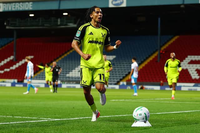 Romelle Donovan of Sheffield United celebrates scoring the second goal during the Blackburn Rovers vs Sheffield United Carabao Cup Second Round match at Ewood Park, Blackburn.