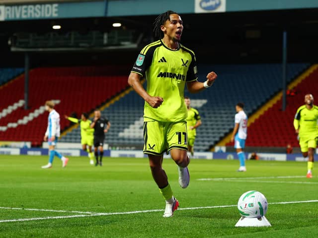 Romelle Donovan of Sheffield United celebrates scoring the second goal during the Blackburn Rovers vs Sheffield United Carabao Cup Second Round match at Ewood Park, Blackburn. 