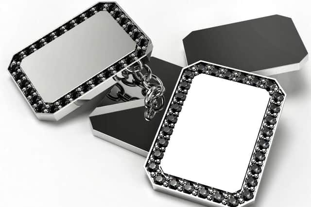 Platinum, chain-linked cufflinks set with black diamonds and a platinum pendant featuring a 1.6 carat black diamond and 56 white diamonds, by Richard Croft of the Jewellery Studio, Bakewell, will feature in the event’s silent auction
