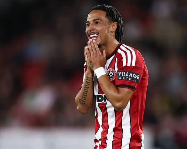 Romelle Donovan of Sheffield United reacts during the Sheffield United vs Bolton Wanderers Sky Bet Championship match at Bramall Lane, Sheffield. 