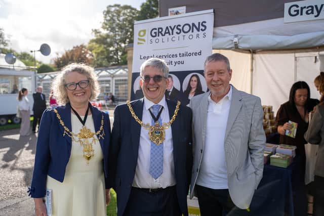 Enjoying the Preview Evening - Lord Mayor, Councillor Andrew Sangar (middle), Peter Clark, managing partners of Graysons (right) and Lady Mayoress, Councillor Sue Alston.