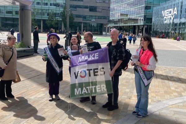 MVM supporters outside BBC North’s Dock House, MediaCityUK