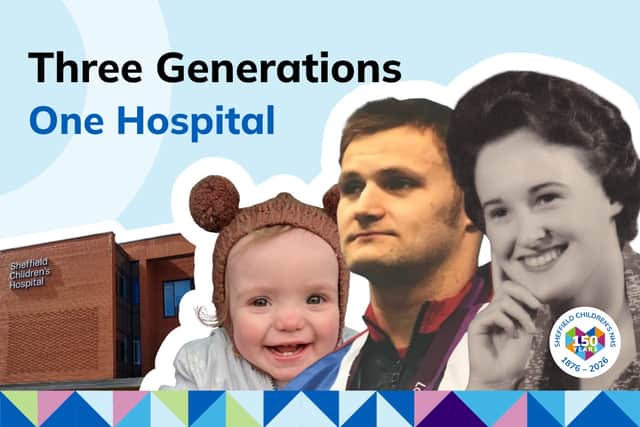 (L to R) Hettie, 1, James, 43, and Pauline, 89 share their story of care at Sheffield Children's.