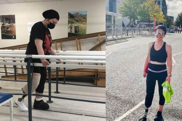 Learning how to walk with her prosthetic leg (November 2023) and completing the Sheffield 10K (September 2025)