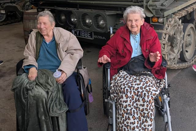 (from left) Deangate Care Home residents Margaret Dymock, 90, and Norma Heaversedge, 97, during a trip to Eden Camp Modern History Museum.