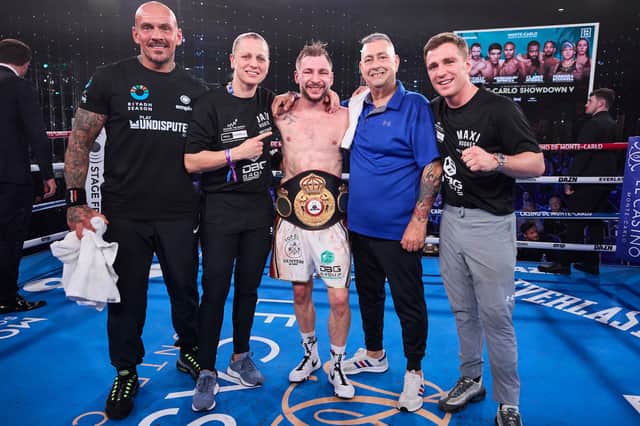 Maxi Hughes with his coach, to his left, and the rest of his team Pic by Mark Robinson Matchroom Boxing
