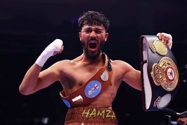 SHEFFIELD, ENGLAND - OCTOBER 11: Hamza Uddin poses for a photo with the title belt after victory over Paul Roberts following their vacant BBBofC English Flyweight title fight (Photo by George Wood/Getty Images)