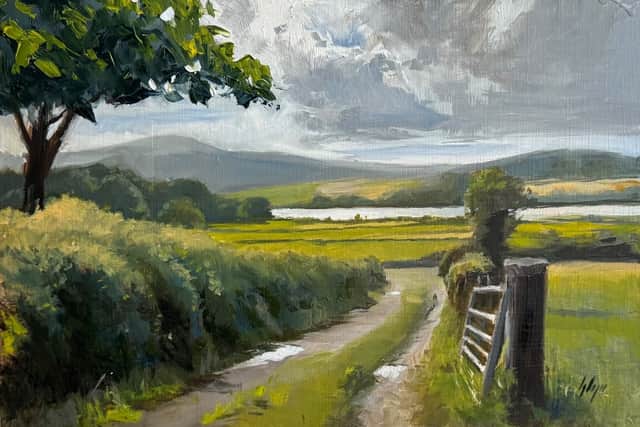 A peaceful countryside landscape painting featuring a winding lane, wooden gate and distant hills.