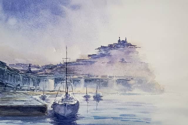 A peaceful harbour scene with sailing boats, painted in watercolour