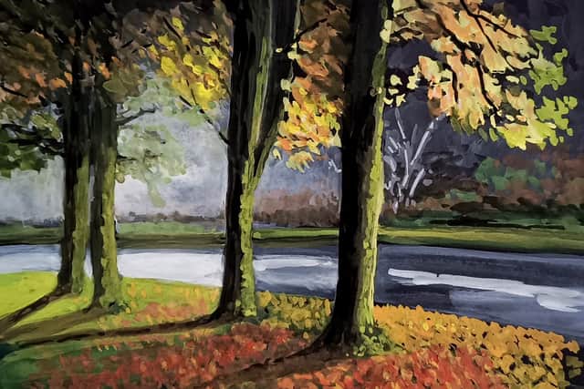 An autumn woodland painting featuring tall trees, golden leaves and a peaceful riverside scene.