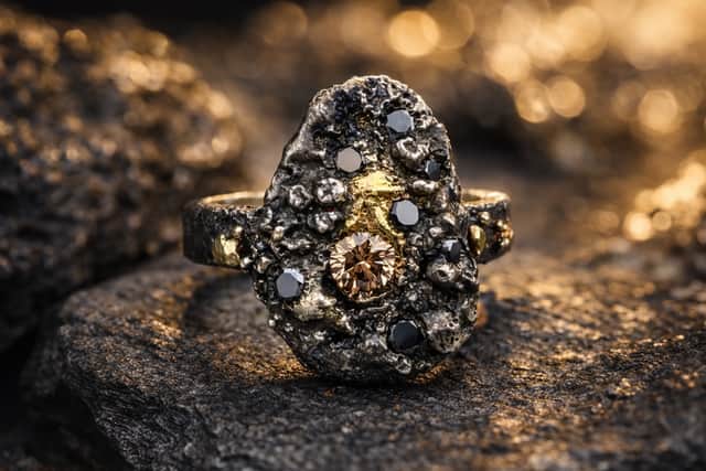Cornwall-based Agneta Bugyte​'s jewellery ​is inspired by the contrasting textures and colours o​f landscapes. She fuse​s blackened silver with warm 18ct gold​ and ​adds black diamonds for their depth and intensity