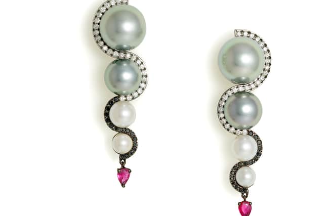 Pearl and black diamond earrings by Maria Frntzi