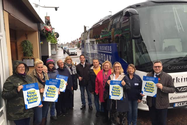 Campaigners supporting the Small Business Saturday bus tour in Blackpool.