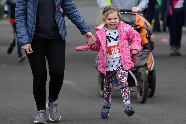A young girl enjoying the fun run at the Brownlee Centre on Sunday.