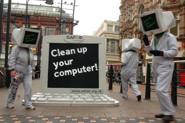 This six foot computer in Leeds city centre aimed to highlight the poor working conditions of people who make computers in the third world.
