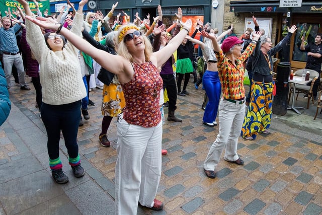 Extinction Rebellion Calderdale's funky flashmob. Photo by William Pilkington.