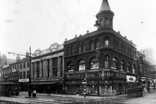 Thornton and Co. India Rubber manufacturers. This was the site of the last bow-window on Briggate, Buck and Jackson. It was demolished in 1922 and replaced by Thorntons.
