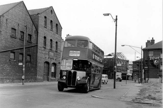 AEC Regent V/Roe 855 (1957) bus, on Armley Road at the Junction with Douro Street.  In the background is Wellington Road. The bus was on the no 14 route destination, Half Mile Lane via York Road, City Square and Stanningley Road.