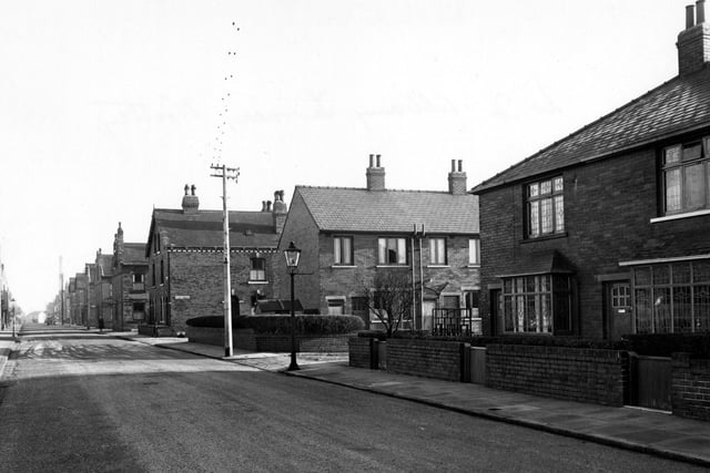 This view down Whingate Road shows various street ends including Albany Terrace. Telephone poles and streetlamps are visible and a car can be seen in the background.
