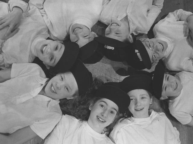 Eight of the YMCA members wearing their Comic Relief petrol coupon Splat! hats that were being used in a show back in March 1993. Do you feature in this photo?