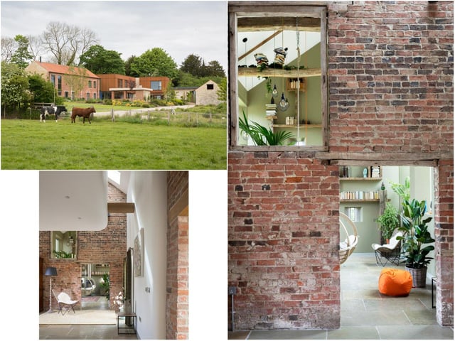 Manor Ridge Barns, North Yorkshire, by TAS Architects. New interventions were designed to link the existing spaces, including frameless glass links and a floating weathering steel clad extension. Sustainability was a key factor. Photo: Sean Elliott