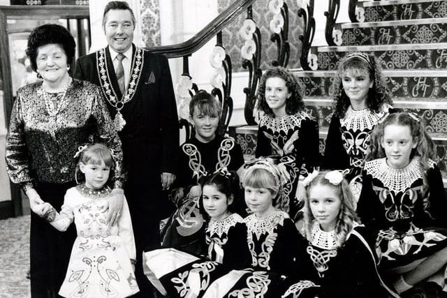 Coun Joe Kneafsey and his wife Bernadette Kneafsey with some young Irish dancers at the Halifax Civic Theatre 1990.