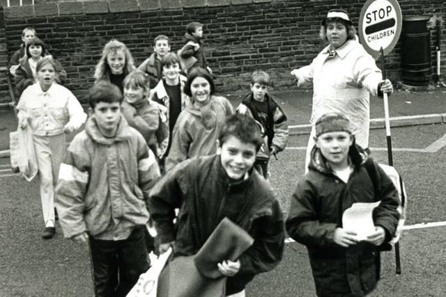 Lollipop lady Jackie Fox at Siddal school 1993.