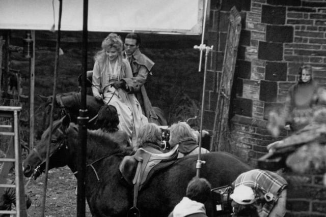 Juliet Binoche and Ralph Fiennes filming 'Wuthering Heights' at Shibden Hall in 1991.