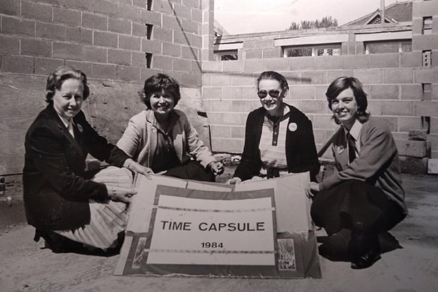 The Elmslie Girls' School time capsule set for burial in May 1984. Pictured from left are: Miss EM Smithies (headmistress) Mrs L Loddington (senior mistress) Mrs RM Watson (in charge of junior school) and pupil Samantha Leadbetter