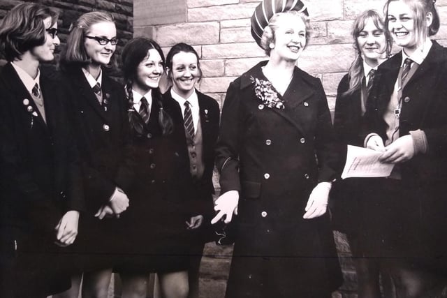 Margaret Thatcher pictured in 1970 as the secretary of state for education and science. She is chatting to some of the girls after presenting the speech day prizes