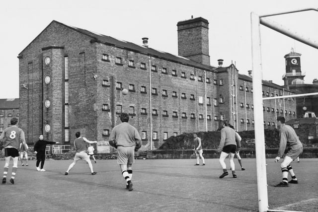 Football training at Wakefield prison in December 1969.