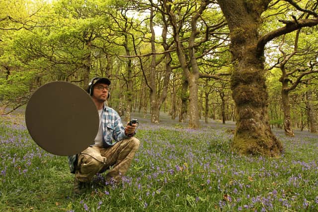 Author Adrian Thomas recording birdsong in the woods.