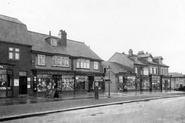 Shops on Cross Gates Road. Pictured, George Green butcher, William Crowther, newsagent, Sheila West ladieswear, Booth and Horsfall dairymen, Sidney Maughan, barber, Eric Allen, butcher and Edward Mitchell chemist.