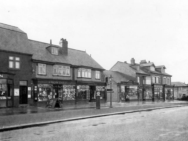 Shops on Cross Gates Road. Pictured, George Green butcher, William Crowther, newsagent, Sheila West ladieswear, Booth and Horsfall dairymen, Sidney Maughan, barber, Eric Allen, butcher and Edward Mitchell chemist.