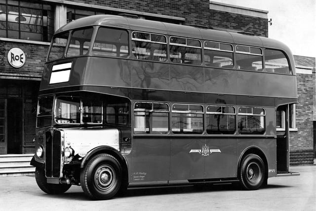 A view of a Leeds Corporation bus built by Chas H. Roe Ltd, outside their works on Manston Lane.