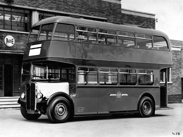 A view of a Leeds Corporation bus built by Chas H. Roe Ltd, outside their works on Manston Lane.