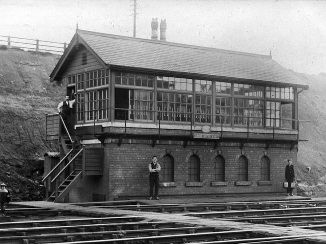 A view of Cross Gates East signal box, situated on the south side of the railway tracks.