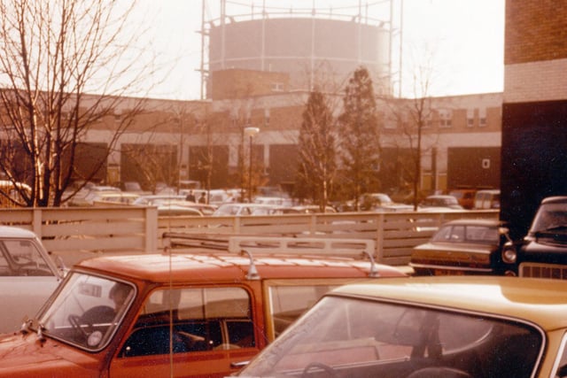 The car park of the Arndale Centre Shopping Centre built in the 1960s. A gas holder can be seen in the background.